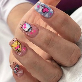 Valentine's Day Press on Nails Short Square Love Heart Mail Drifting Bottle Design Cute False Nails Full Cover Reusable Glossy Coffin Nails Artificial Acrylic Nail Glue on Nails for Women 24Pcs