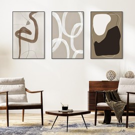 Wall Art Framed Canvas Print Set Paint Strokes Abstract Shapes Illustrations Minimalism Bohemian Black White Grey Modern Style Art Decor 24 "X 32" X 3 Panels Aesthetic Living Room Bedroom Office