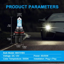 Cayluxt 9007 Halogen Headlight Bulb, 65W/55W 5000K Bright White HB5 High Low Beam Replacement, Pack of 2