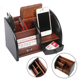 Desk Organiser, Wooden Pen Holder with Drawer, Multifunctional Stationery Storage Box, 20 x 11.8 x 13.5 cm for Home, Office, School