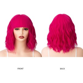 Bob Hot Pink Wig for Women Curly Hair with Bangs Cosplay Halloween
