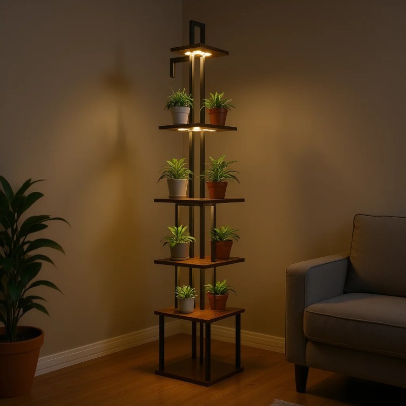 65.5 Inch 7 Tier Lighted Indoor Plant Stand Metal Corner
