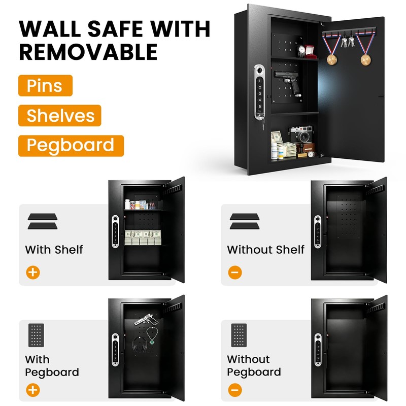 19.7" Tall Biometric Wall Safe Between 16" Studs, Fingerprint &