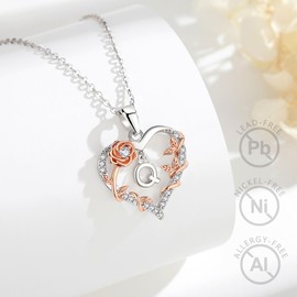 EUDORA Harmony Ball Rose Heart Initial Q Necklace for Women Letter Q Alphabet Initial Necklaces Copper Rhodium Plated Pendant with Cubic Zirconia, Initials Jewelry Gifts for Women Wife 18"