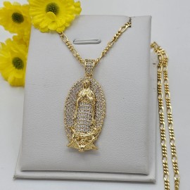 JEYFEL 14K Gold Plated Our Lady Virgen Guadalupe Icy Clear Crystals Pendant Necklace