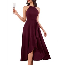 Dressystar Womens Halter Split Hem Party Dress Elegant Long Formal Prom Dress Cocktail Wedding Guest Maxi Dresses LM08 Burgundy M