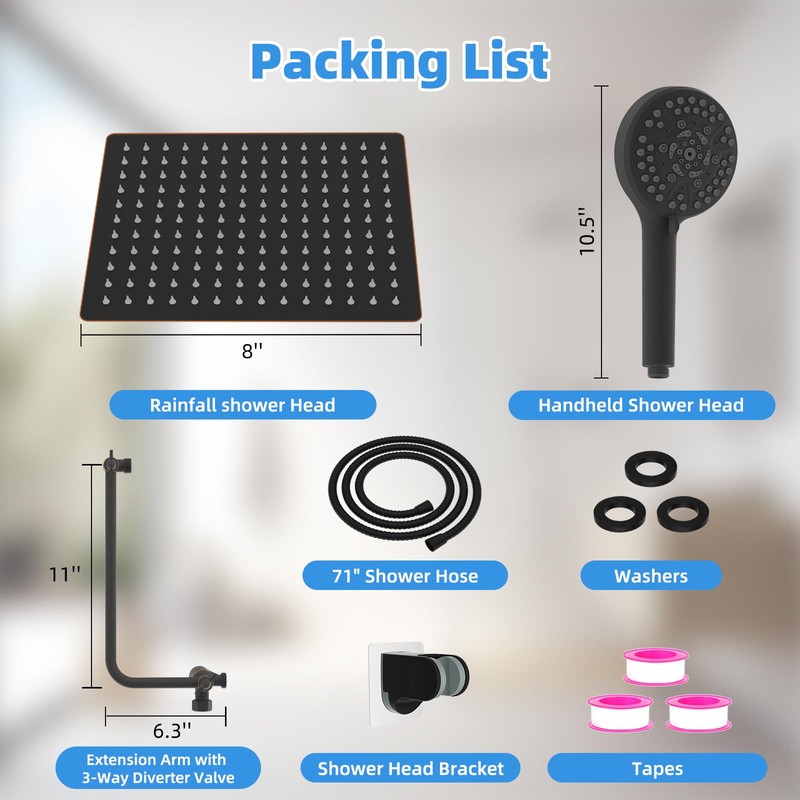 All Metal Shower Head, 8" High Pressure Rainfall/Handheld Shower Combo