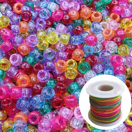 Looconi 1000pcs Glitter Pony Beads and Rainbow Elastic String Mixed Colors 6x9mm Acrylic Beads for Jewelry Making Bracelet Hair Braids Crafts