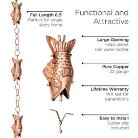 Good Directions 487P-8 Fish Rain Chain, 8-1/2 Feet Long, Large Wide Mouthed, Polished Copper