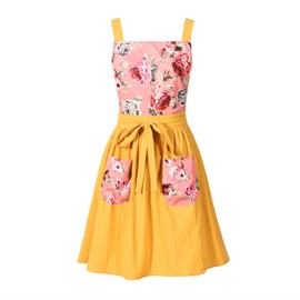 Pinknoke Vintage Pinafore Apron Dress for Women with Pockets Cute Floral Chef Aprons for Kitchen Cooking Baking Gardening (Yellow)