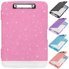 Glitter Clipboard with Storage,Storage Clipboard with Pen Holder,A4 Binder Clip Boards 8.5x11 with Low Profile Clip,Side Opening Sparkle Clipboards, Clipboard Folder for Office Supplies-Rose Pink
