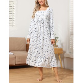 Rubehoow Women's Nightgown Victorian Nightwear Long Sleeve Vintage Pajama Dress Soft Cotton Loungewear with Pockets, Navy Rose, Large