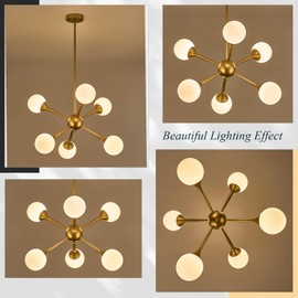 Sparklelf 6-Light Modern Gold Sputnik Chandelier with Milk Glass Shade Large Dining Room Light Fixture Mid Century Chandelier for Living Room Kitchen Island, L27.5Inch