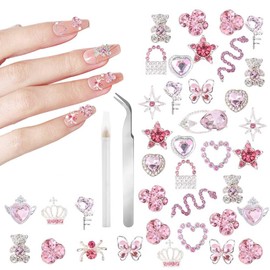 FIDWALL 32PCS Y2K Nail Charms Set – Rhinestone Heart, Bow, Butterfly, Bear Nail Gems with Tweezer & Pick Up Pen, 3D Nail Accessories for Acrylic Nails DIY, Daily Wear, Parties, Special Surprise
