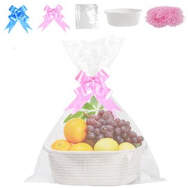 Rppiup Hamper Baskets for Gifts Empty, Gift Baskets Empty with Cellophane Bags & Pull Bows, Rope Gift Basket with Handles, Woven Hamper Kit for Baby Shower, Graduations, Birthday, Housewarming (white)