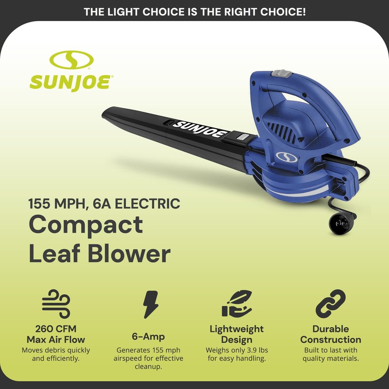 Sun Joe Corded Electric Leaf Blower Machine, 155 MPH, 260