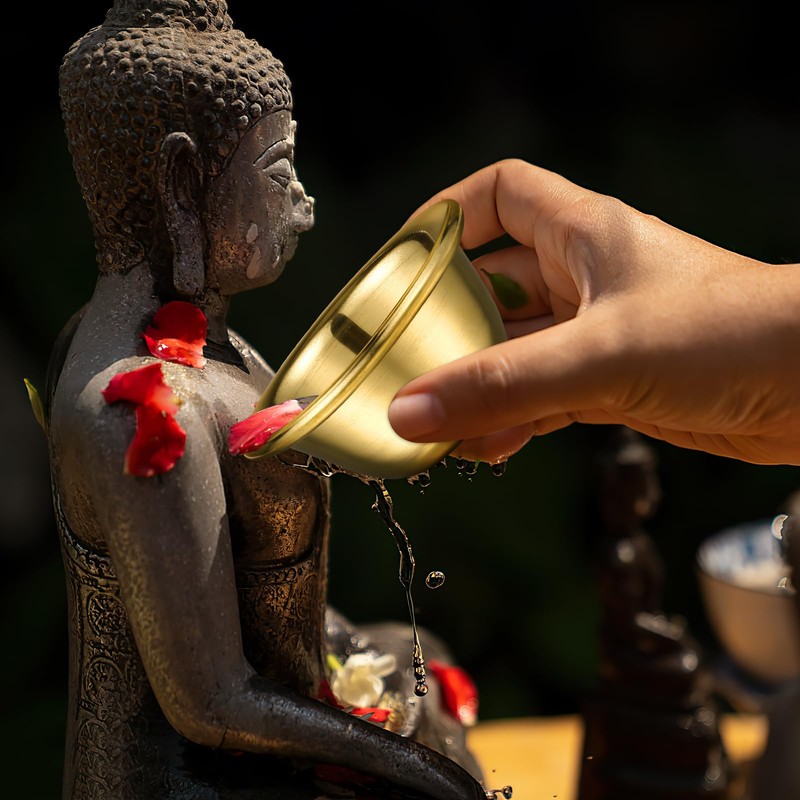 7Pcs Golden Buddhist Offering Cups - Copper Water Bowls for