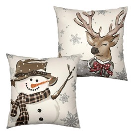 Kwlegh Pack of 2 Christmas Throw Pillow Covers 22x22 Brown Snowman Reindeer with Snowflakes Throw Pillow Covers Decorative Cotton Linen Pillow Case for Winter Decor Couch Living Room