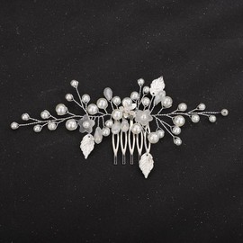 Teyglen Silver Leaf Wedding Hair Comb Bridal Flower Pearl Side Hair Combs Handmade Hair Pieces Headpieces Wedding Hair Accessories for Women Bride Girls (Silver)