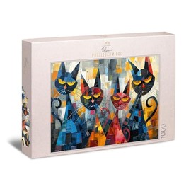 Puzzle per gatti, 1000 pezzi, società chiusa, gatti cubisti con occhi cubici senza un caloroso benvenuto, ritratto di animali urbani per amici d'arte e appassionati di gatti, made in Germany