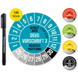 Frank Paperman® 120x DGVU V3 Test Badges Blue 20 mm Diameter Including Foil Pen, Test Badges Next Test Date, UV-Resistant, High Adhesion, 5 Colours, 2 Sizes