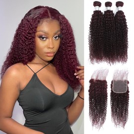 Anmetan Dark Burgundy Colored 99J Kinky Curly Bundles with Closure Human Hair 16 18 20+16 In, 3 Bundles with 4x4 HD Lace Closure Free Part Natural Hairline Curly Wave 12A Remy Hair Tight Curls Weave