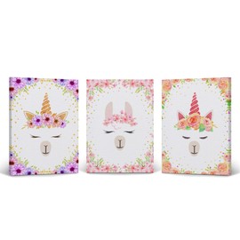 Smile Art Design Cute Lama and Unicorn Floral Background 3 PANEL CANVAS PRINT SET Kids Room Decor Wall Art Baby Room Decor Nursery Decor Ready to Hang Made in the USA-(12x8) x3