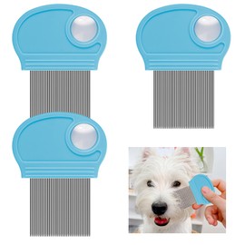 Flea Comb for Dogs Cats Kittens - 3 PCS Cat Flea Comb Brush for Small Dogs Stainless Steel Flea Comb with Magnifier for Pet Grooming Eye Tear Stain (Blue)