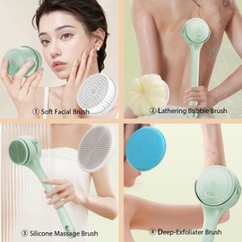 Electric Body Brush, 4 in 1 Back Scrubber for Shower, Detachable Bath Brushes with Long Single Dual Handle, 2-Speed Rotating Body Brushes for Exfoliating and Massaging, Waterproof Bath Brush (Beige)