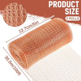 Gisafai 5" x 200 ft Copper Mesh Rodent Control Copper Wool for Slugs Rustproof DIY Hole Filler Pure Wire Mesh for Bat Snail Bird Pest Rodent Control Gap Blocker Fill Fabric Hole Gardening (2 Roll)