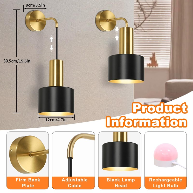 VerRon Rechargeable Battery Operated Wall Sconce Set of Two, Black
