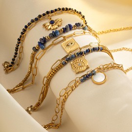 zocare Layered Gold Bracelet for Women Beaded Bracelet with Blue Beads and Evil Eye Charm, Stainless Steel Paperclip Chain Bracelet 14K Gold Plated Boho Bracelet for Women Pearl Charm