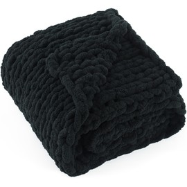 LONG CREATE Chunky Knit Throw Blanket 50"X 60", 100% Handmade with Soft Chenille Yarn, 4.4lbs Thick Cable Knitted Blankets, Large Rope Knot Crochet Throws for Couch Sofa Bed Home Decor, Black