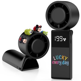 LEWOTE Portable Handheld Turbo Fan, 9 Gear Wind Rechargeable with LED Display Hand/Desk Foldable Fans,with 2 Sheets Alphabet Sticker and 4 Cartoon Doll Used For DIY (Black)