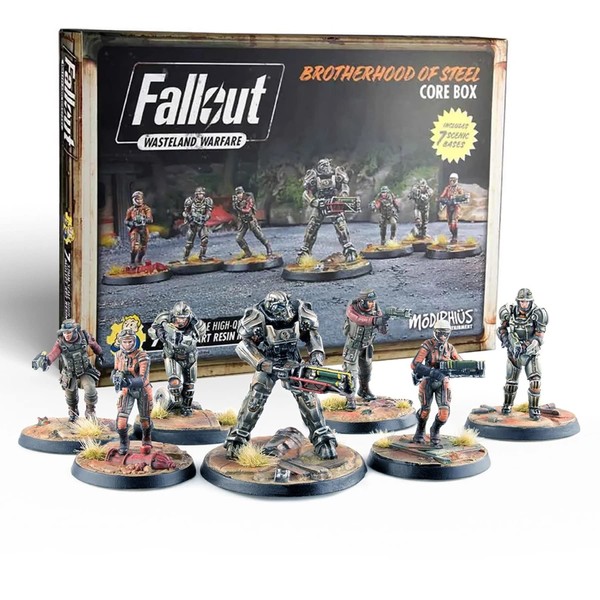 Modiphius Entertainment Fallout Wasteland Warfare: Brotherhood of Steel Core Box -7 Unpainted Resin Miniatures, RPG, Includes Scenic Bases, 32MM Scale Figures, Tabletop Roleplaying Game Minifigures