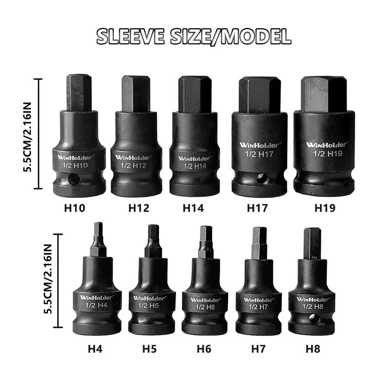 WinHolder 10Peices Impact HEX BIT Socket Set H4-H19 1/2" Drive