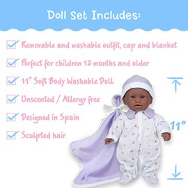 JC Toys La Baby African American Baby Doll Set – 11 Inch Soft Baby Doll with Accessories Including a Removable Purple Outfit – Small Baby Doll Toy for Children 12 Months and Older