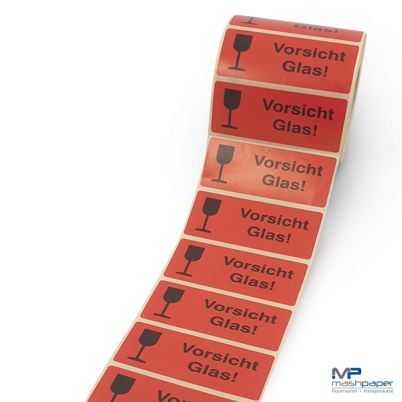 593101 Caution Glass Labels 90 x 35 mm Red Pack