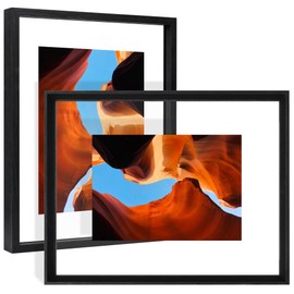 YOTINTIN 11x14 Floating Frames 2 Pack Wooden Photo Frame Double Sided Glass Picture Frame for Any Size Picture up to 11x14, Wall Mount or Tabletop Displays, Double-edged Frames, Black