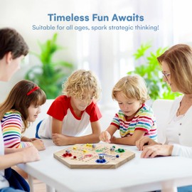 Flybold Wooden Marble Board Game Set for Adults and Kids - 6-Player Classic Strategy Game with Dice and Storage Bag - Durable Wooden Game Board for Family Fun, Indoor Parties, Picnics and BBQ Events