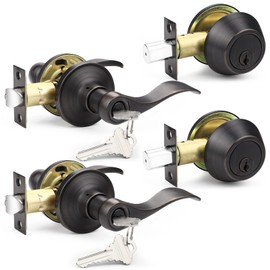 Probrico Exterior Door Lock Set Front Door Handle, Front Door Lock Keyed Alike Oil Rubbed Bronze, Exterior Door Handle with Deadbolt Set, 2 Sets