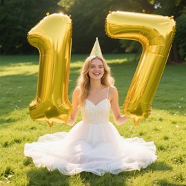 40 Inch Gold Balloon Number 17 Balloon,Jumbo Mylar Foil Helium Balloon for 17 Birthday Digital Balloons for Birthday Party,Wedding Anniversary Party Decorations