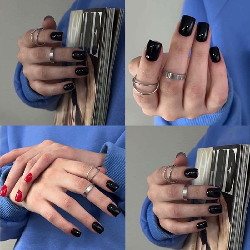 ONPRESS 24 Uñas Postizas Cuadradas Cortas Negras A Presión, Con