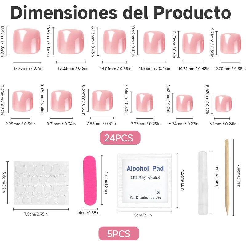 24Pcs Uñas Postizas para Pies, Uñas Press On Cortas Francesas