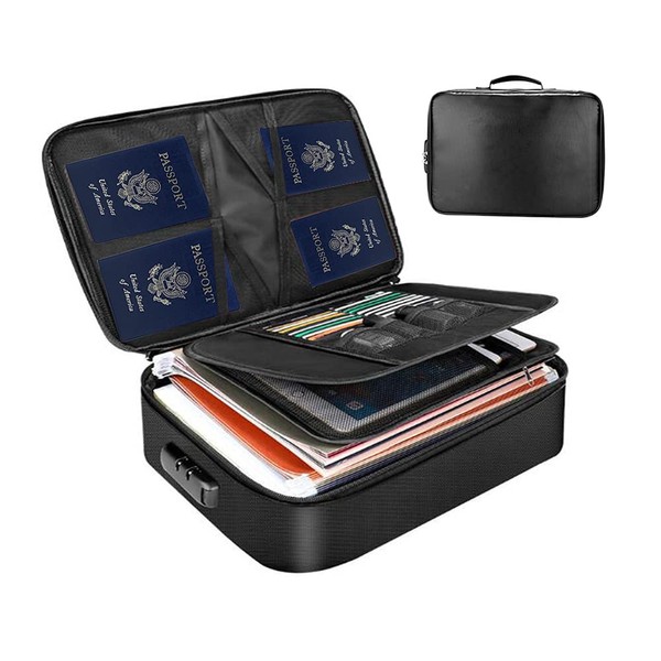 Fireproof Document Bag with Lock, Fireproof Money Bag 3-Layer File Organizer Case with Water-Resistant Zipper, Portable Safe Box for Important File Passport Certificates