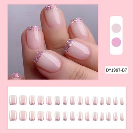 Pink Glitter French Tips Press on Nails Short Square Fake Nails with Designs Nude Pink False Nails Full Cover Spring Glue on Nails Glossy Reusable Summer Acrylic Nails for Women Girls Manicure 24Pcs
