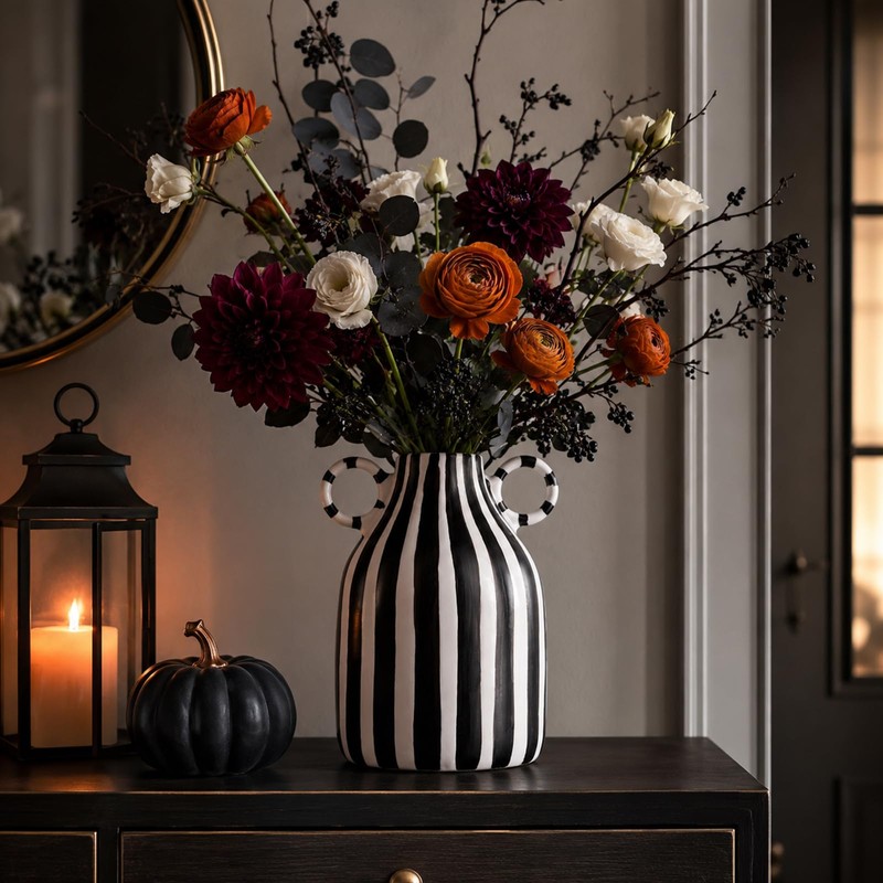 oliruim Black and White Striped Ceramic Vase with Double Ring
