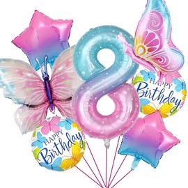 7pcs Butterfly Balloons Butterfly 8th Birthday Decorations for Gradient Colorful Butterfly Foil Balloons 8 Years Old Butterfly Theme Birthday Party Supplies Decor