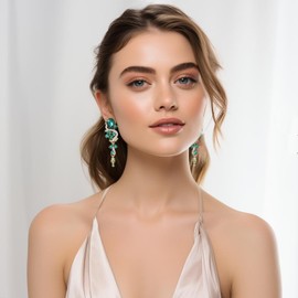 VANGETIMI Green Gold Vintage Rhinestone Statement Drop Dangle Earrings Colorful Crystal Bridal Wedding Teardrop Chandelier Earrings for Women Pageant