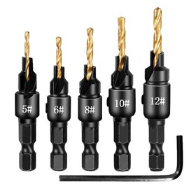 5 PCS Countersink Drill Bit Set, #5, #6, #8, #10, #12, High-Speed Steel Counter Sink Drill Bit Adjustable for US Wood Screw, Depth Adjustable, 82-Degree Chamfer, 1/4” Hex Shank